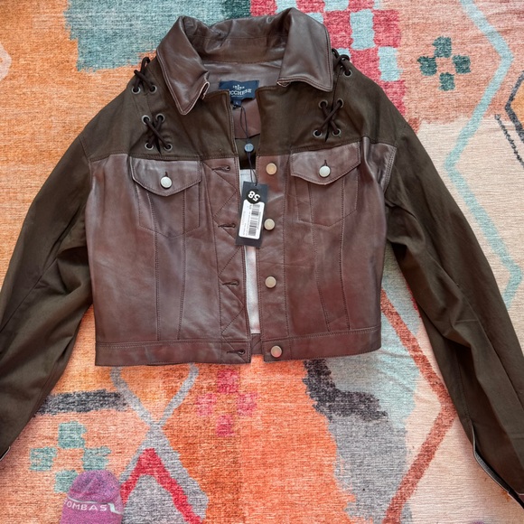 NWT Lucchese Chocolate Leather and Denim Jacket with Lace-Up Detail - Picture 3 of 6